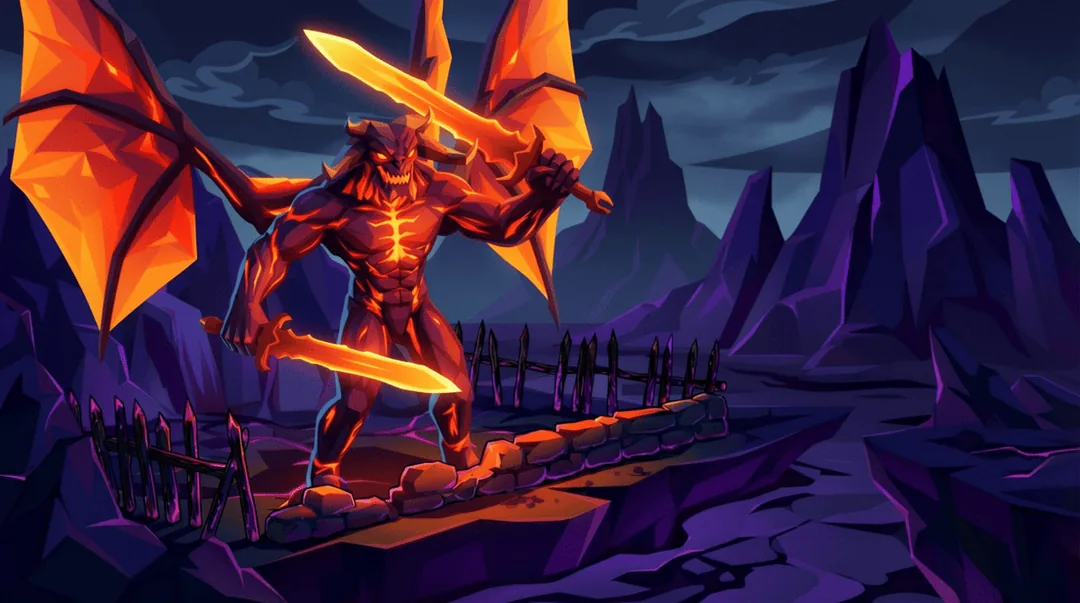 A winged demon wielding two flaming swords
