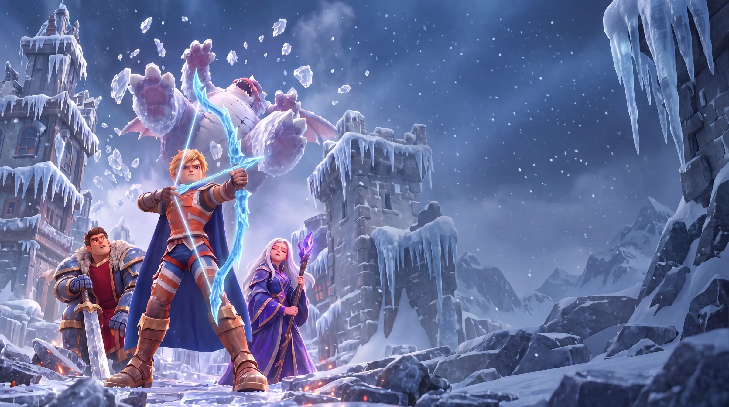 The archer, knight and sorceress standing ready before a frozen dragon