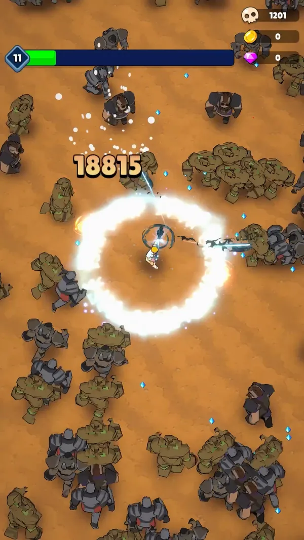 A shockwave ring blasting the horde with big damage numbers