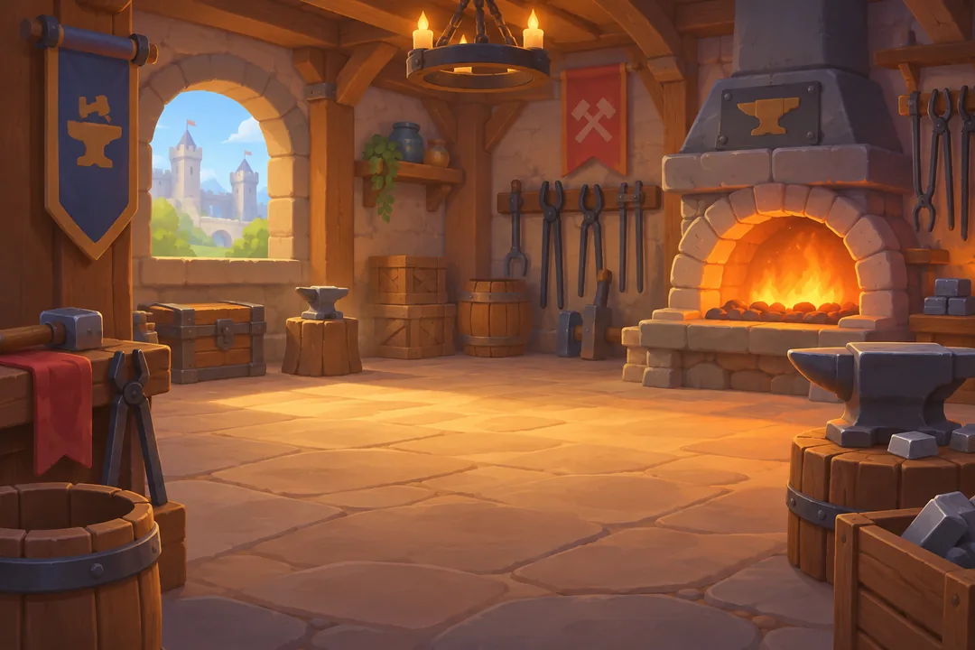 The forge with its anvil and glowing furnace