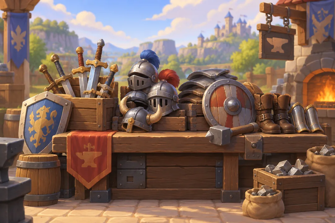 A salvage table piled with armor and weapons