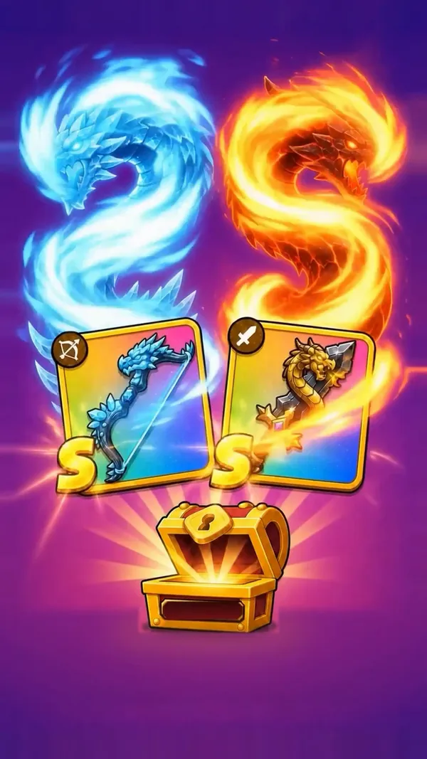 Two S-tier legendary weapons bursting out of a chest