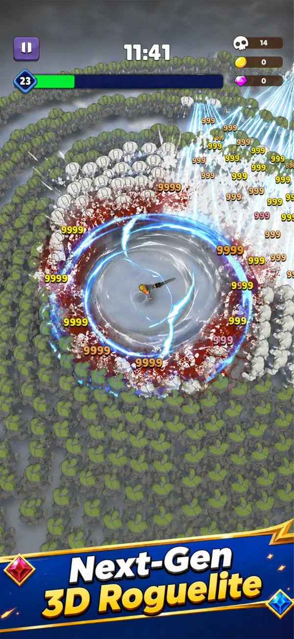 A hero surrounded by a massive horde in a 3D arena